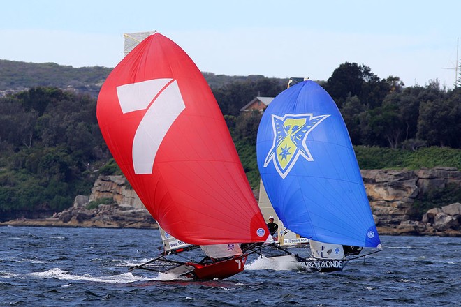 7 grabs the lead on the first downwind leg - NSW 18ft Skiff Championship 2013 - Race 5 © Frank Quealey /Australian 18 Footers League http://www.18footers.com.au